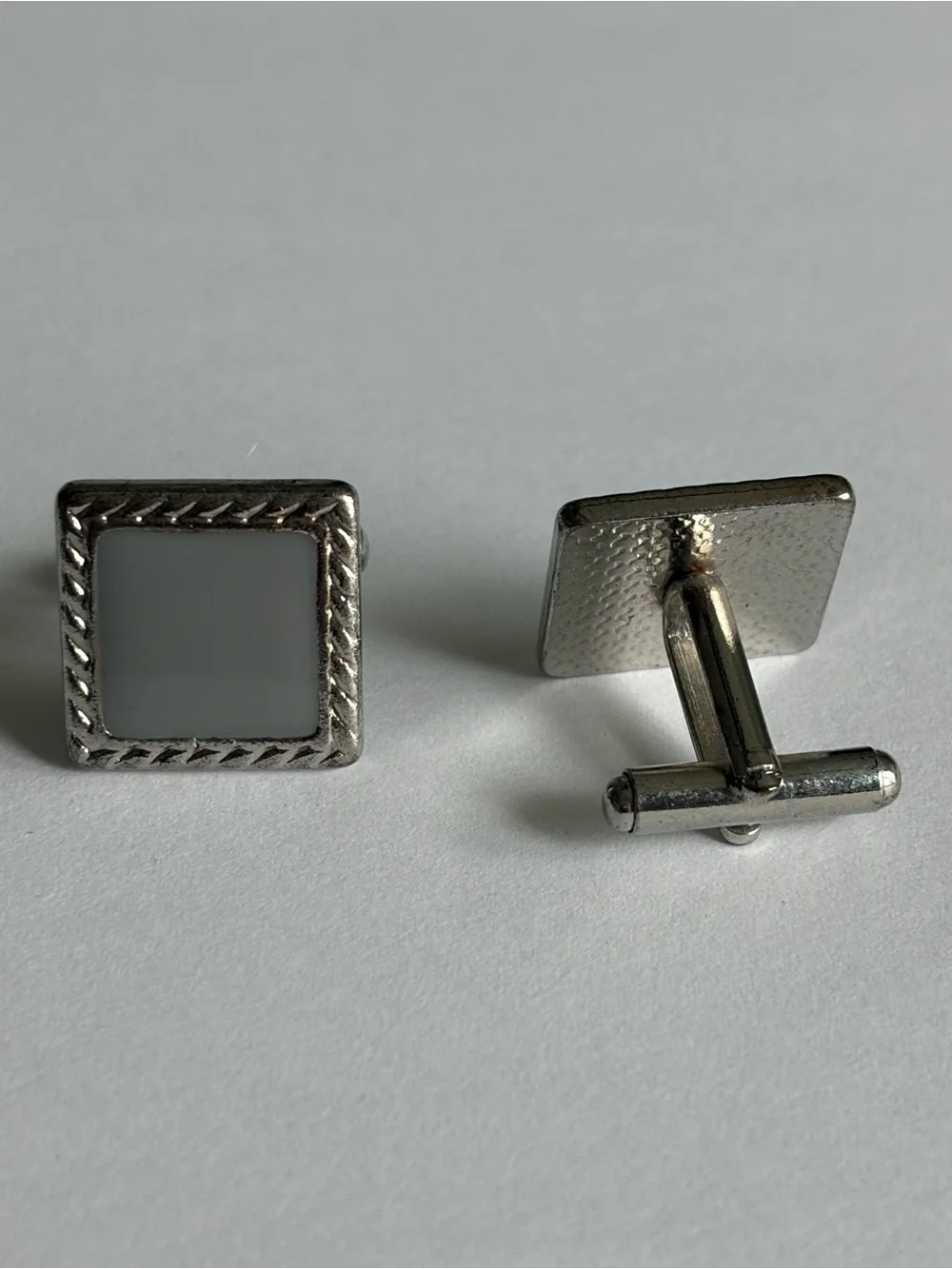 Men’s Silver Tone Cufflinks Square Rope Design Light Gray Inlay Classic Formal
